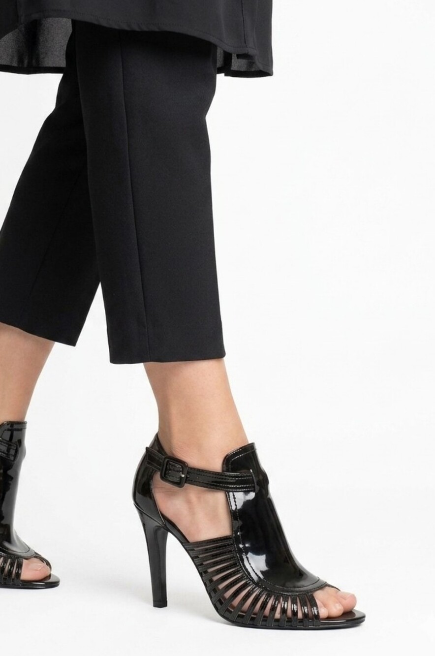 Clotilde Black Patent Leather Cage Heels, size 8